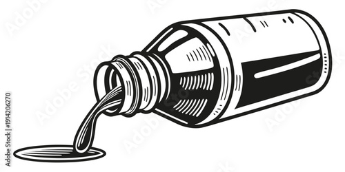 A bottle of viscous liquid being poured onto a surface in a black and white illustration