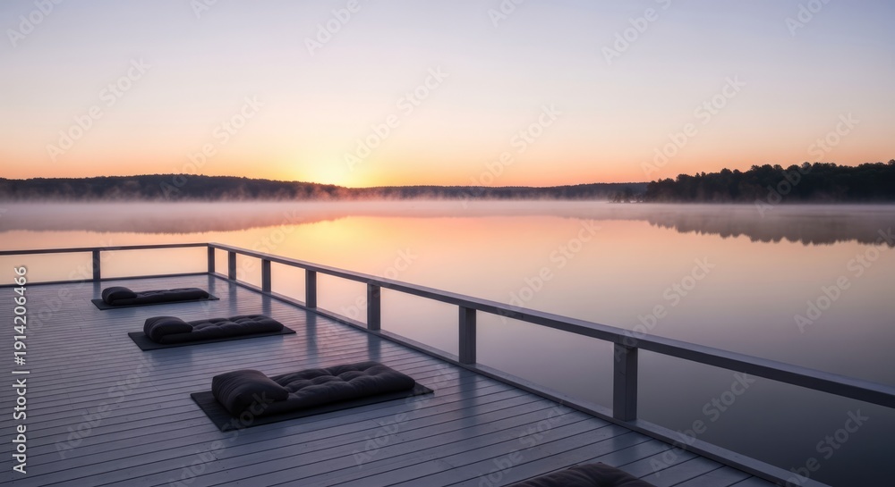 Fototapeta premium Peaceful sunrise over a misty lake with meditation mats set up on a wooden dock, perfect for a tranquil wellness or yoga retreat morning.