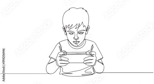Focused young child absorbed in mobile phone gaming or digital content, depicted in a continuous single line art illustration, highlighting modern screen engagement