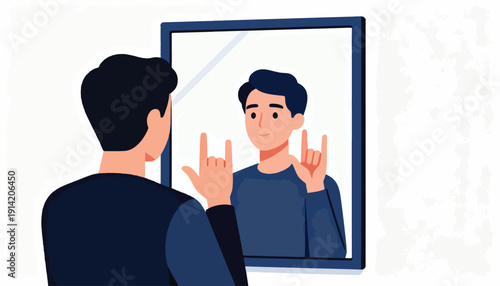 Man looking in mirror makes hand gesture