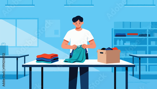 Person sorting donated clothes into a box on a table