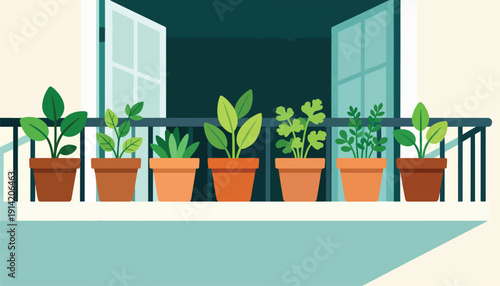 Seven potted plants line a balcony, with an open window behind