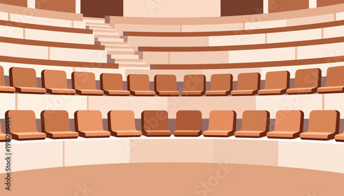 Rows of empty, orange seats in a circular amphitheater setting