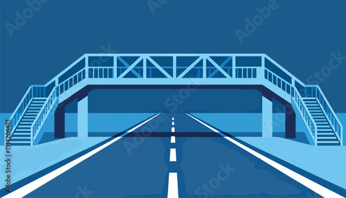 Minimalist blue overpass spans a road with white lines