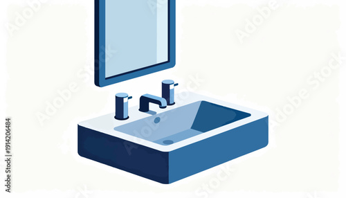 Minimalist blue bathroom sink with a rectangular mirror above