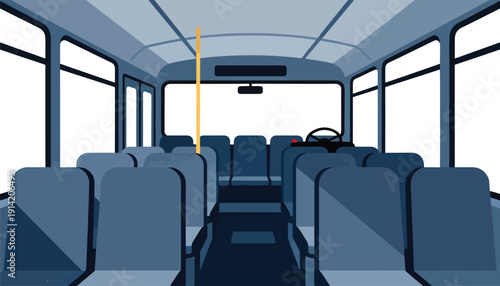 Interior view of an empty bus, showing rows of blue seats and the driver's area