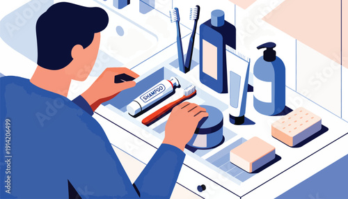 Person preparing for morning routine with various hygiene products on counter