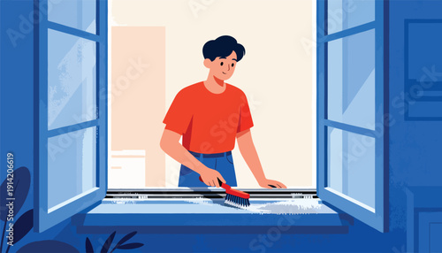 Young man cleaning window sill with brush