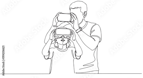 Father and son exploring virtual reality using VR headsets together - line art illustration