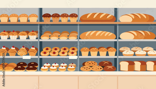Shelves stocked with an assortment of baked goods, including loaves of bread, cupcakes, donuts, and buns