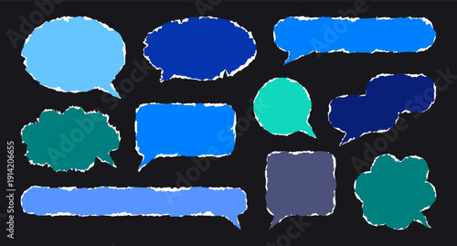 Torn paper speech bubbles. Balloon shapes ripped paper sheets with scrap edge, thought message cloud cracked paper pieces flat vector illustration set. Damaged paper speech bubble shapes