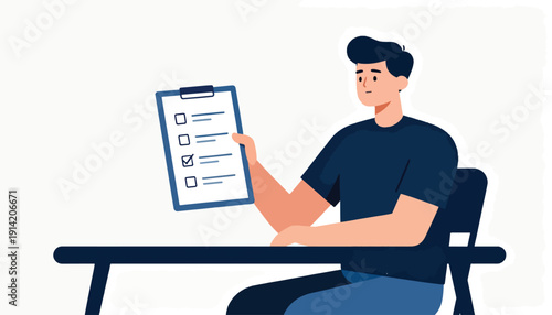 A person sits at a desk, holding a clipboard with a checklist