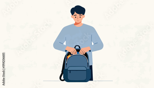 Young person packing books and supplies into a blue backpack