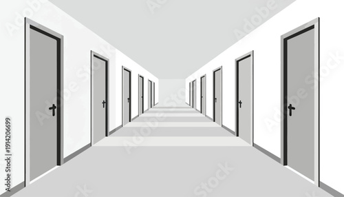 An endless hallway with rows of identical doors and a grey floor