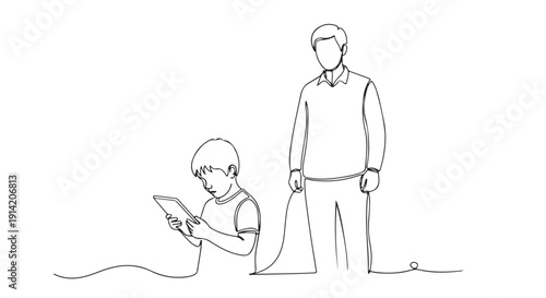 Digital Connection A Father Watches His Son Engrossed in a Tablet, Illustrating Modern Parenting and Technology's Role