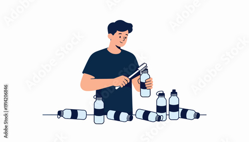 A person cleaning several reusable water bottles with a brush
