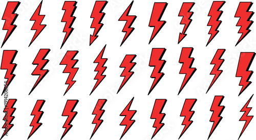 A bold and dynamic image featuring multiple red lightning bolts on a white background