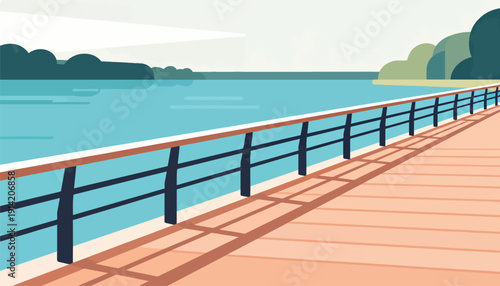 A wooden pier with a railing overlooks calm blue water and distant trees