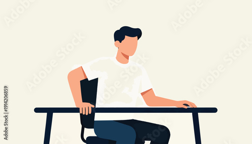 Minimalist illustration of a man in a white t-shirt at a dark desk with blue pants