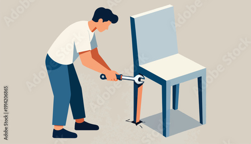 Person fixes broken chair leg with wrench on cracked floor