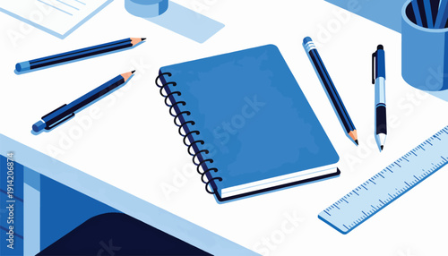 A clean blue and white flat lay depicts a notebook, pencils, a ruler, and pens