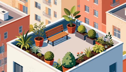 Rooftop garden oasis with a bench, surrounded by urban buildings