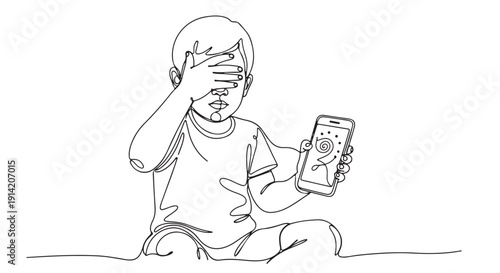 A line art illustration depicting a young child covering their eyes while holding a smartphone displaying an image, representing technology overload or digital fatigue