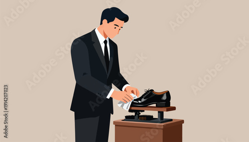 Businessman meticulously polishing a black dress shoe on a stand