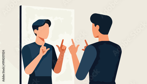 Man facing mirror, pointing at reflection, contemplating self