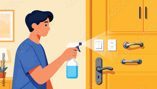 Person spraying disinfectant on light switches and door handles