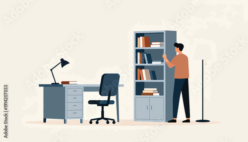 Man organizing bookshelf next to desk and lamp