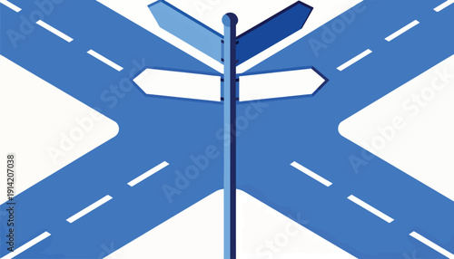 A signpost at a crossroads of blue roads with white dashed lines