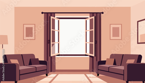 Open window casts light on two couches in a cozy living room