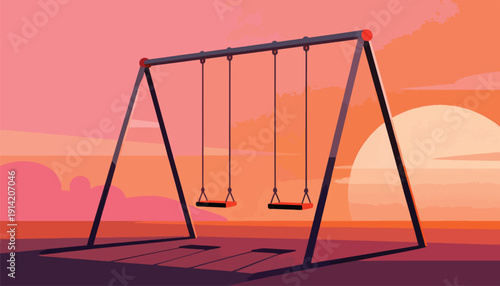 Two empty swings hang from a frame against a colorful sunset sky