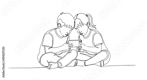 Two kids looking at a mobile phone together, a line drawing of children sharing a screen