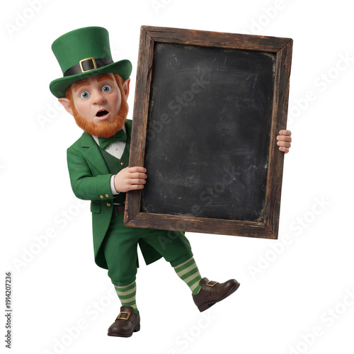 Surprised gnome wearing emerald outfit holding black chalkboard