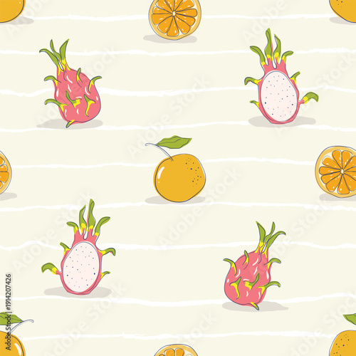 Seamless pattern of colorful hand-drawn dragon fruit and oranges on a striped cream background. Vibrant minimalist food illustration for modern textiles, summer packaging, and kitchen decor.