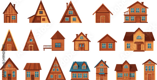 Wooden House and Cabin Illustration Set with Rustic Cottage, Chalet, and Countryside Home Architecture Designs