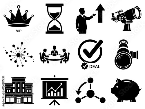 Business set with crown, hourglass, meeting, deal, and piggy bank