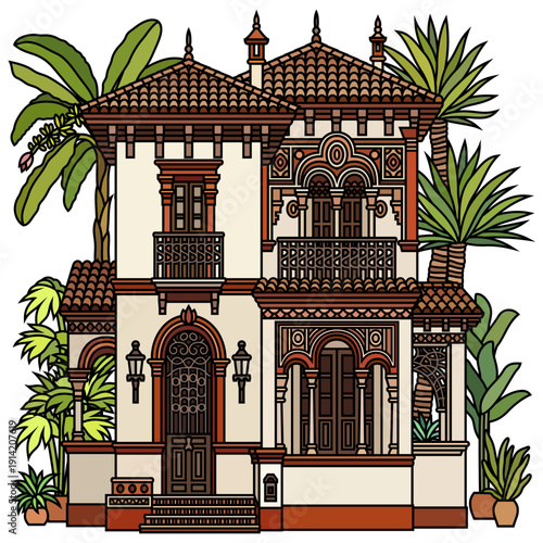 Retro line art illustration of Mediterranean villas and tropical garden with textured vintage background and desert plants.