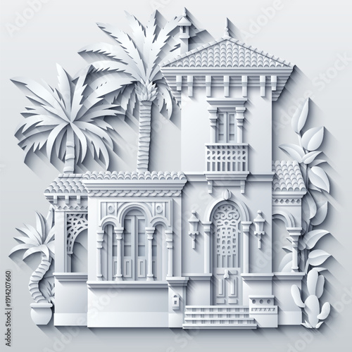 Elegant monochrome paper-cut style illustration of ornate Middle Eastern facades with arches, columns, and tropical plants, creating a refined architectural composition with layered shadows.