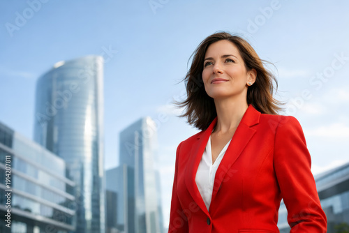 Confident Businesswoman in Red Blazer Standing in Modern Financial District, Future Leadership Concept