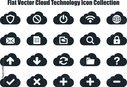 A comprehensive collection of flat vector cloud technology icons representing various digital services and actions