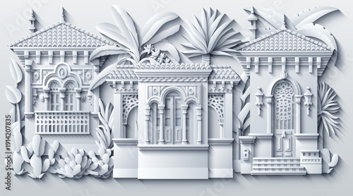Elegant monochrome paper-cut style illustration of ornate Middle Eastern facades with arches, columns, and tropical plants, creating a refined architectural composition with layered shadows.