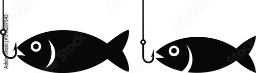Two black fish hooked on fishing lines facing each other