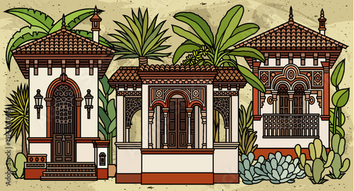 Retro line art illustration of Mediterranean villas and tropical garden with textured vintage background and desert plants.