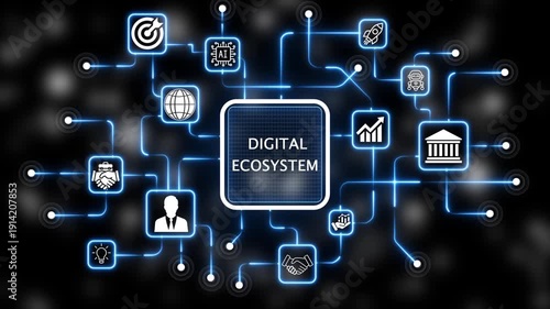 Coach motivation to digital ecosystem improvement. Education concept. Training. Leadership skills. Human abilities. Internet, business, Technology and network concept. 4k animation neon 
