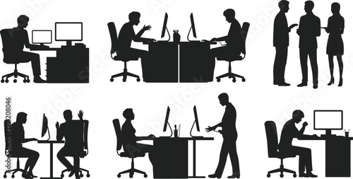 Black silhouette collection of office workers at desks with computers and business people meeting for professional corporate designs