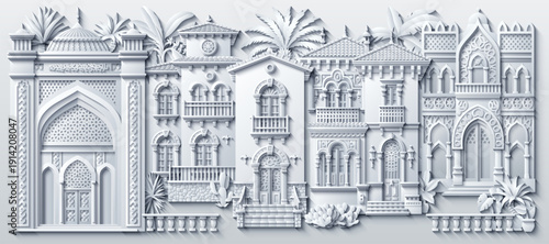 Elegant monochrome paper-cut style illustration of ornate Middle Eastern facades with arches, columns, and tropical plants, creating a refined architectural composition with layered shadows.