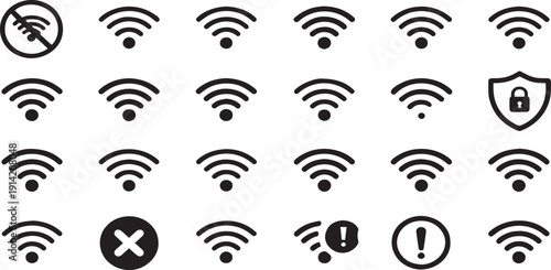 Collection of wifi signal icons and network status symbols, technology concept